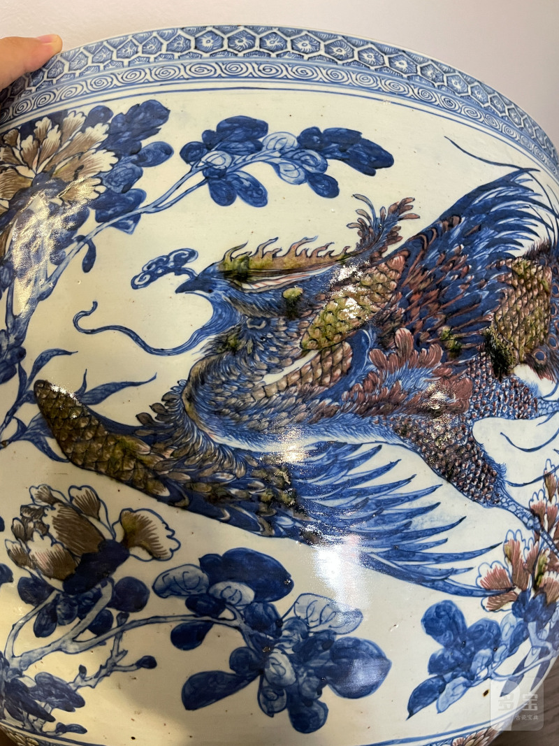 清中期 青花釉里红牡丹锦鸡图大缸 - 图9